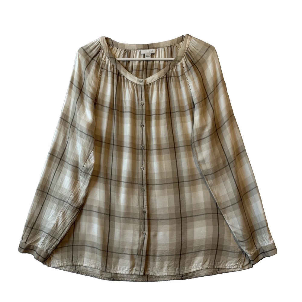 J.Jill Plaid Collarless Button Up Rayon Shirt S Neutral Tan Cream Crochet Earthy